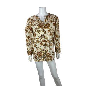 Vintage 60s Floral Blouse Womens Large Button Down Hip Pockets House Jacket